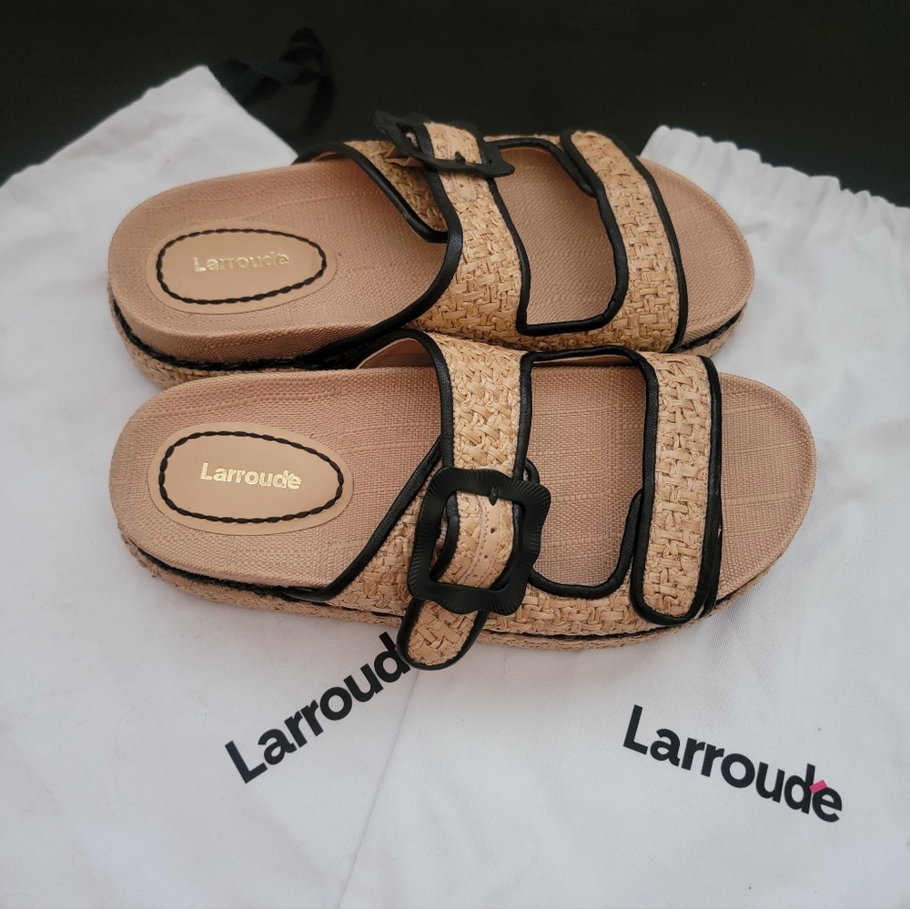 Larroude Beige and Black Sandals